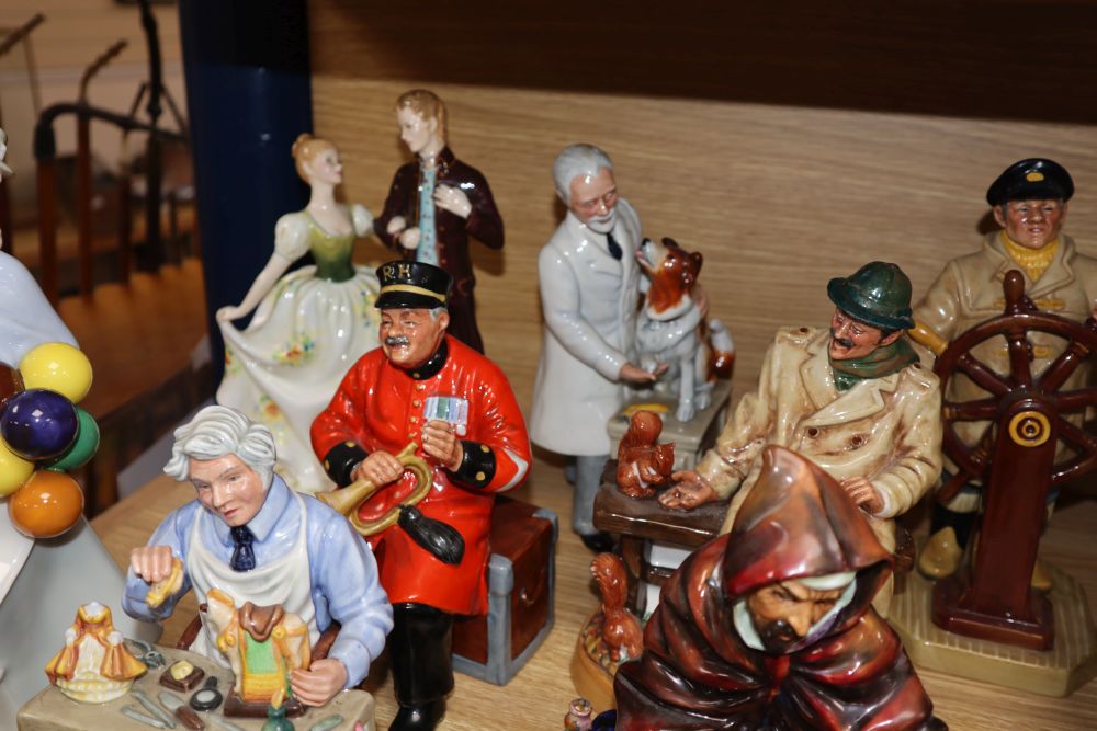 Twelve various Royal Doulton figures and groups and a Coalport lady